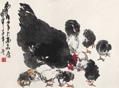 黄胄 甲子（1984年）作 群鸡九九归一 镜心